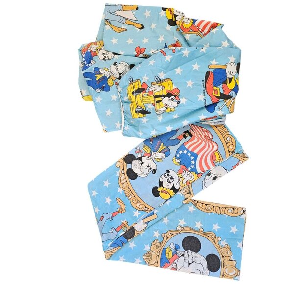 Vintage 1976 Disney Mickey Twin Bed Sheet Set FLAT FITTED Patriotic Fabric Blue - Picture 8 of 8